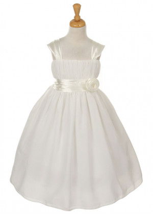 Pleated Chiffon Tea Length Flower Girl Dress With Flower Sash